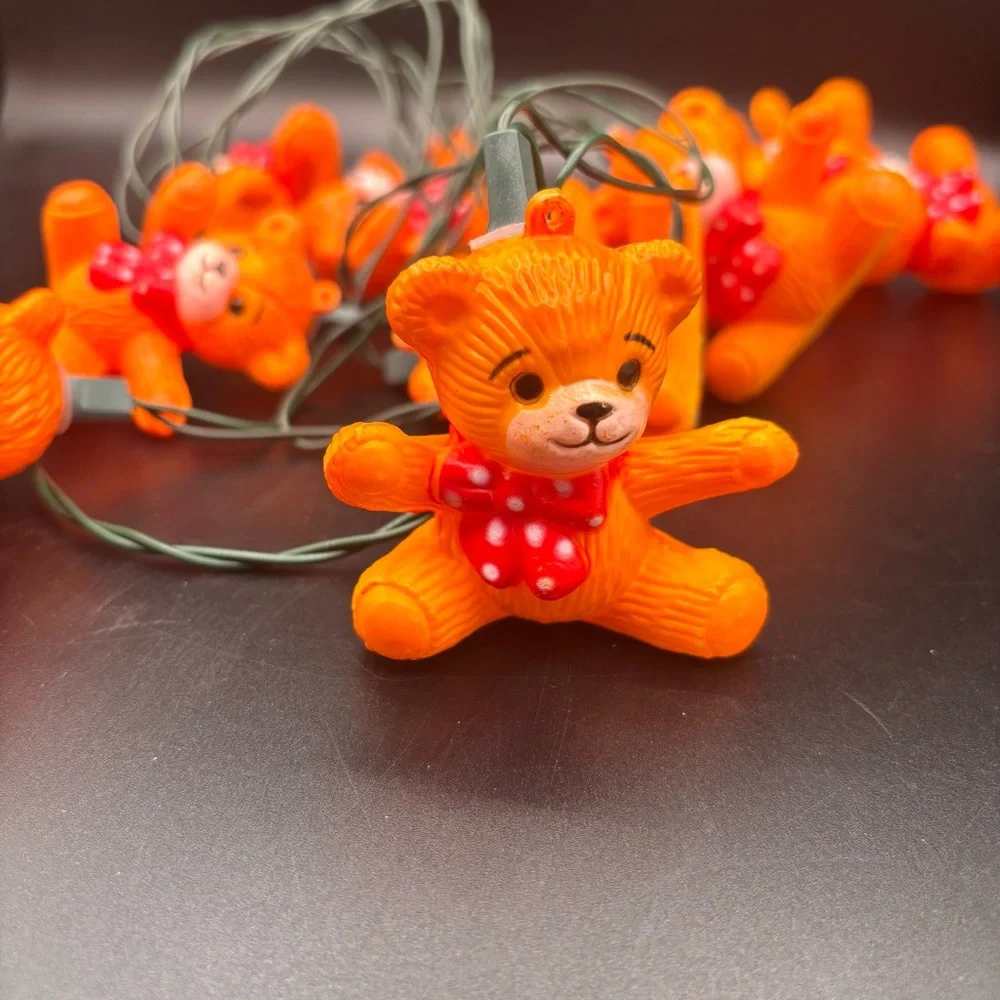 Vintage Lights Teddy Bear Blow Mold String Christmas Holiday Bow Brown Set of 10